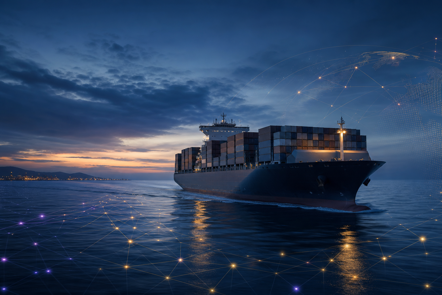 Maritime vessel operations with digital technology overlays representing RSM Software